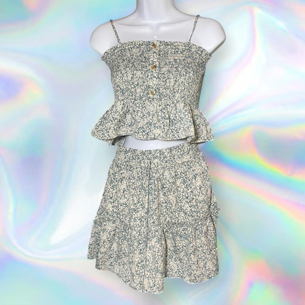 Paper Crane Blue and Cream Floral Crop Top and Mini Skirt